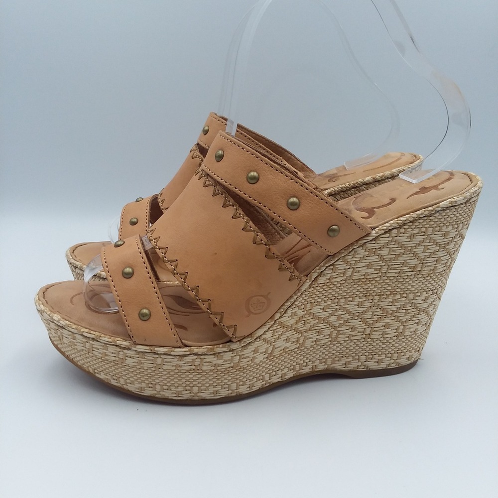 Born Borini Tan Leather Raffia Wedge Sandals Studded Straps Women's 9M Boho - Picture 3 of 16
